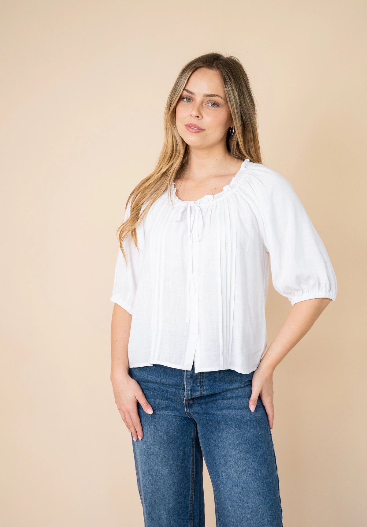 Linen Blend Pleated Peasant Top White